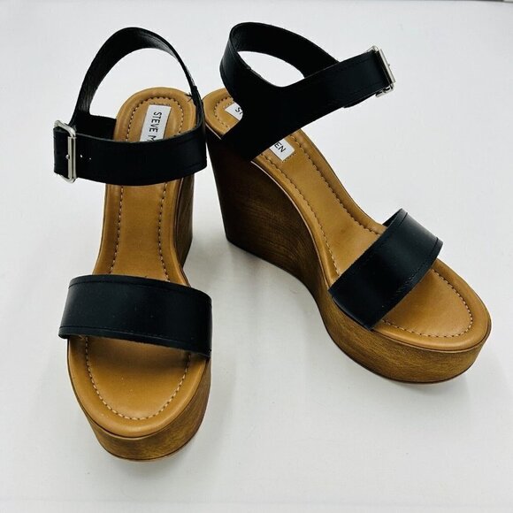 Steve Madden Candis Black Leather Wooden Wedge Sandals Size US 9 EUR 40 - Picture 1 of 12